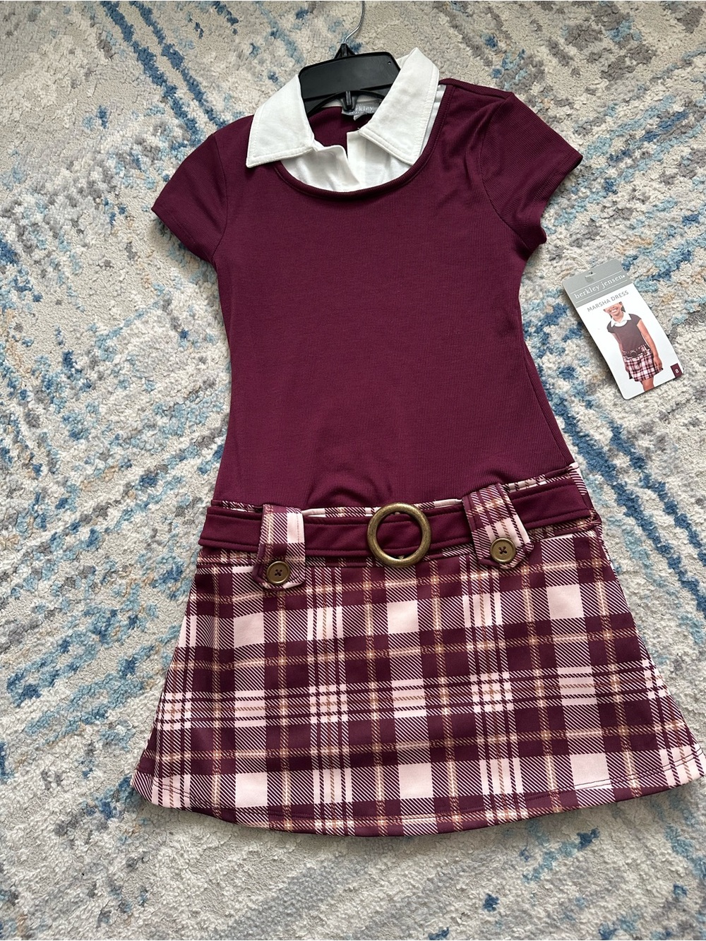 Girls' Burgundy Plaid Belted Casual Dress with White Collar